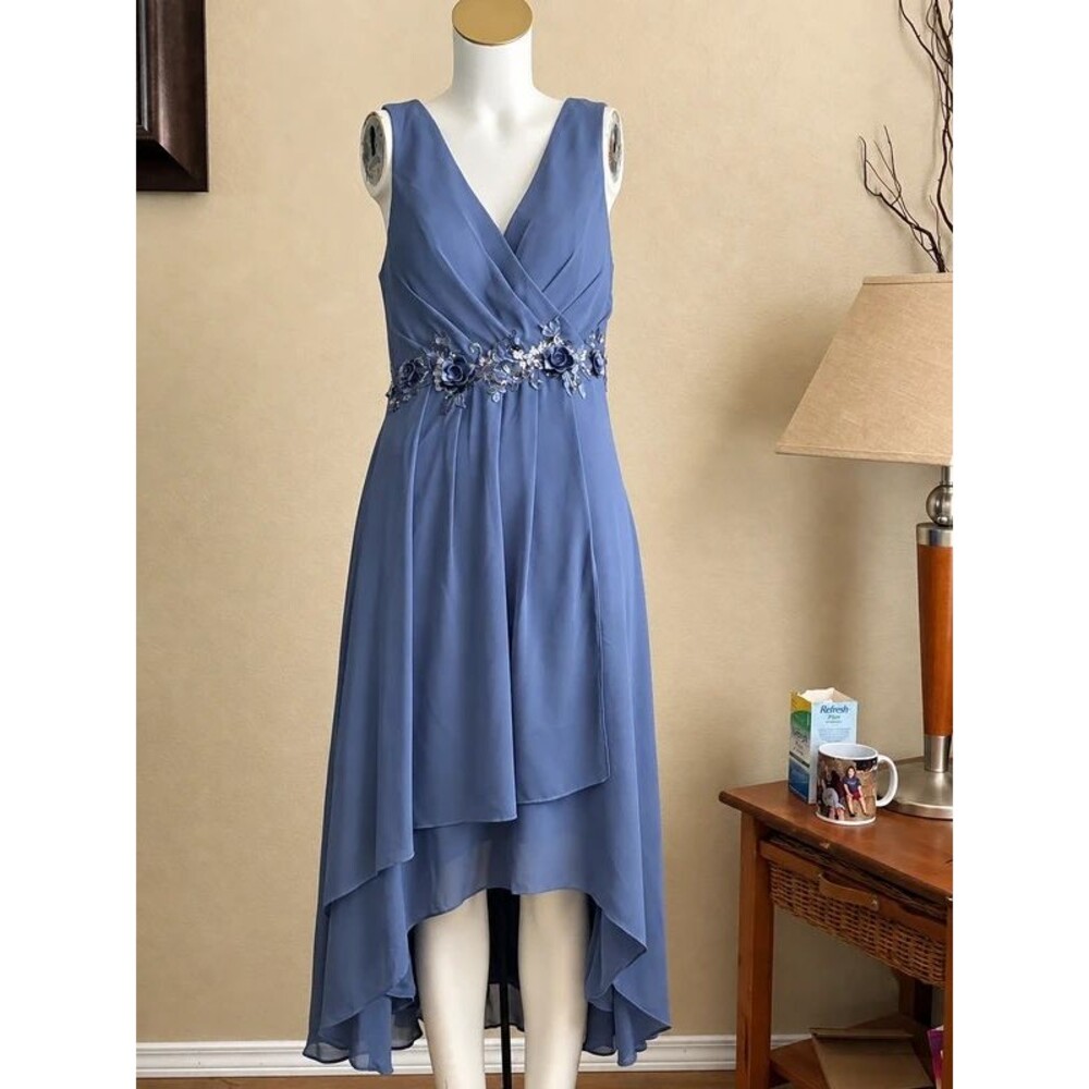 Ever Pretty L Dusty Blue V Neck High Low Chiffon Dress Floral Applique Formal